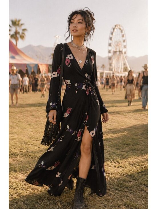 Rolla’s Dresses & Skirts - Rolla’s Black Floral Wrap Maxi Dress Medium Long Sleeve Boho Romantic M